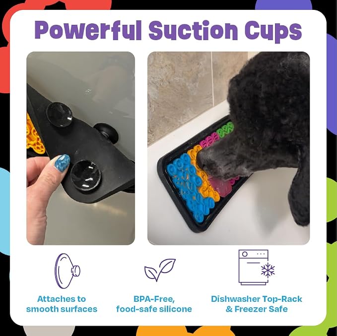 Dog lick mat with strong suction cups that stick to smooth surfaces